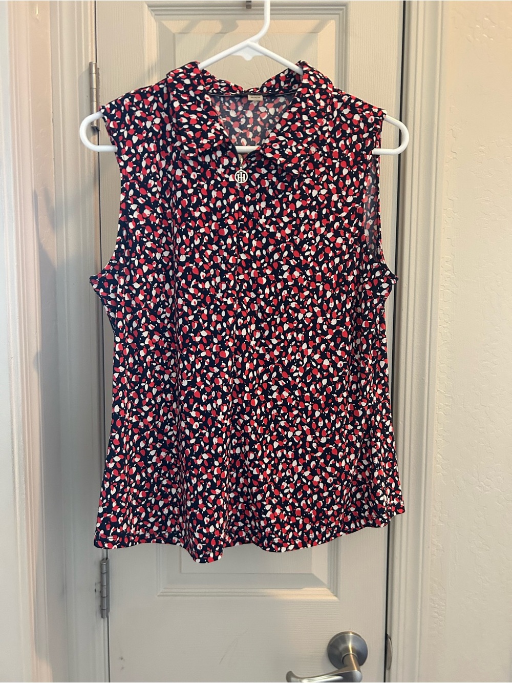 Tommy Hilfiger Sleeveless Blouse Navy Red White Print Collared Top Size M
